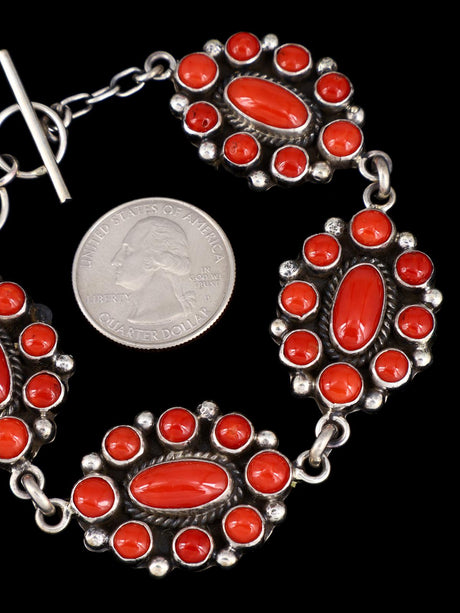 Native American Natural Mediterranean Coral Sterling Silver Link Bracelet