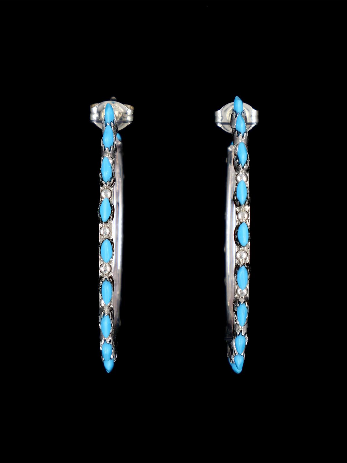 Zuni Sterling Silver Turquoise Hoop Post Earrings - PuebloDirect.com