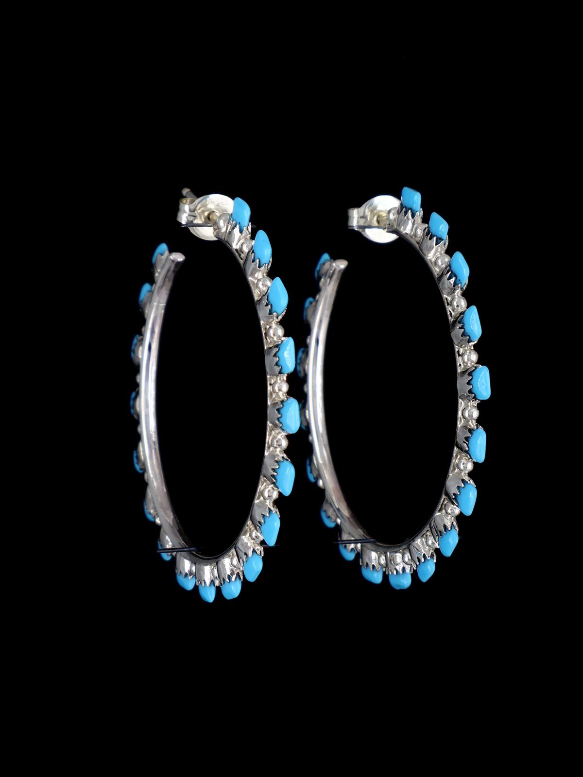 Zuni Sterling Silver Turquoise Hoop Post Earrings - PuebloDirect.com