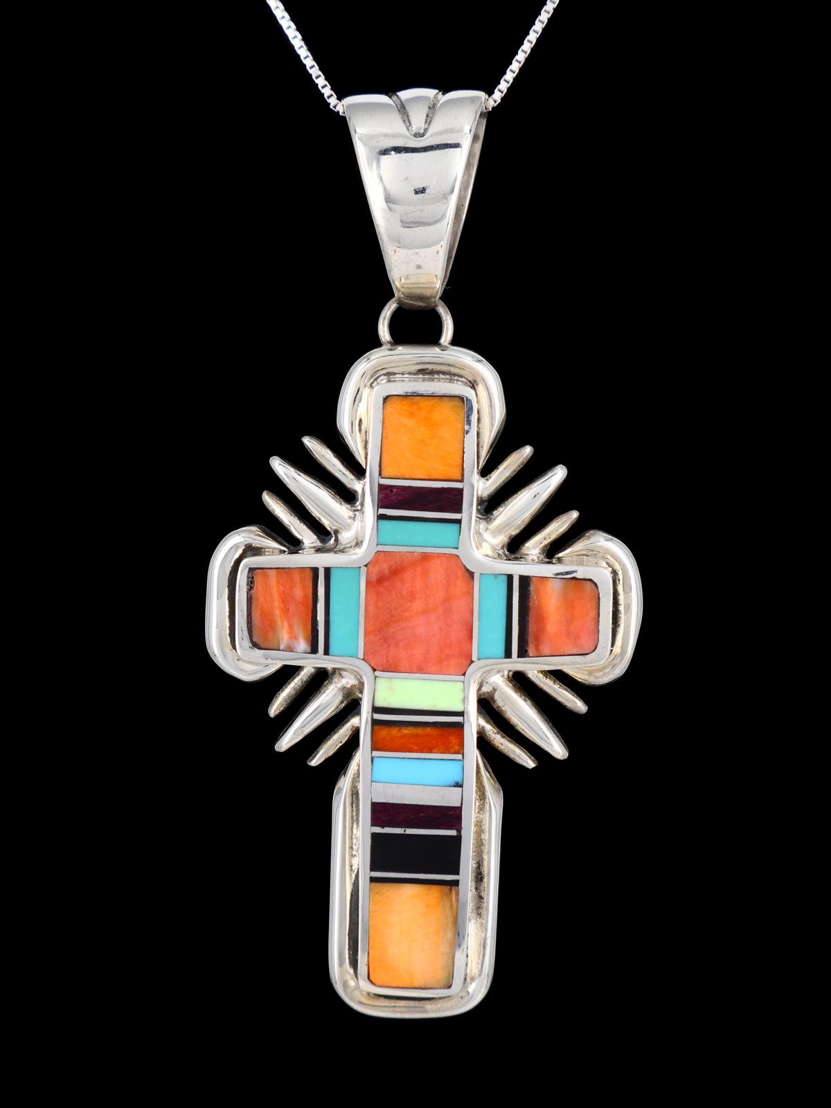 Navajo Spiny Oyster and Turquoise Inlay Cross Pendant