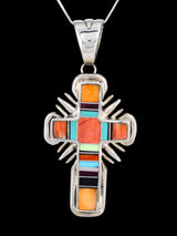 Navajo Spiny Oyster and Turquoise Inlay Cross Pendant