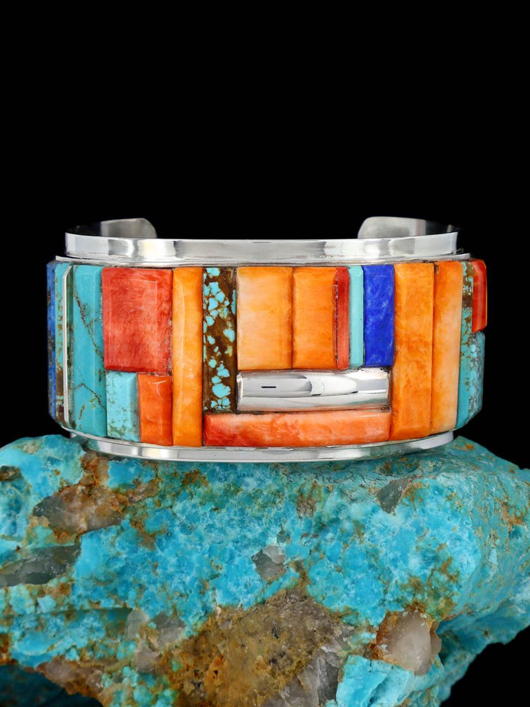 Native American Spiny Oyster and Turquoise Inlay Cuff Bracelet - PuebloDirect.com