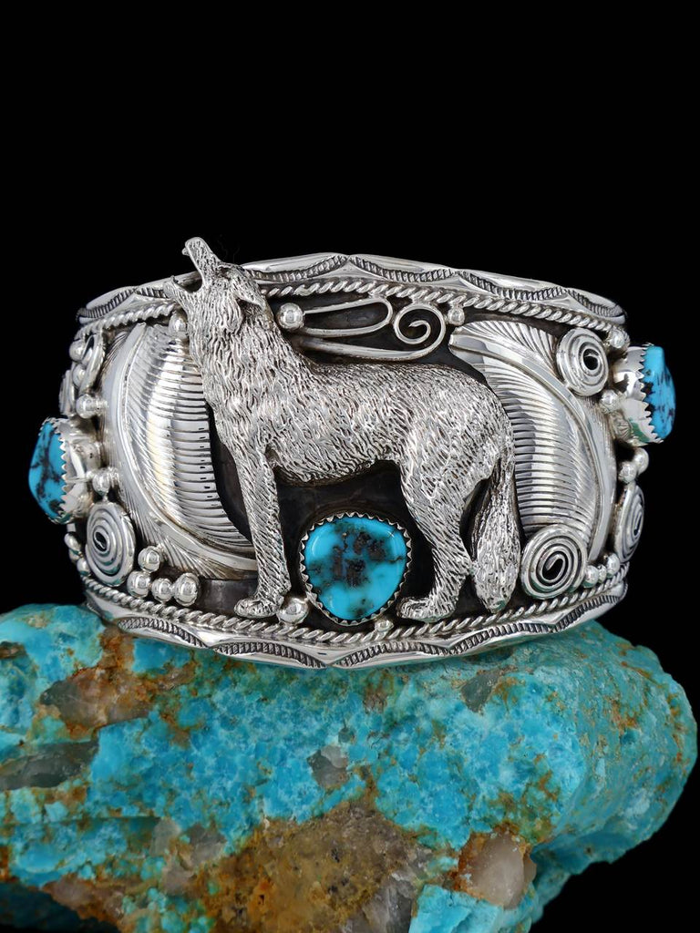 Native American Sterling Silver Howling Coyote Turquoise Cuff Bracelet - PuebloDirect.com