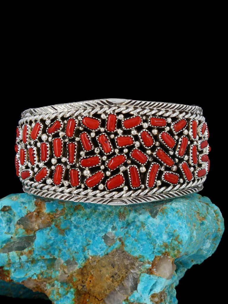 Navajo Natural Coral Cluster Sterling Silver Cuff Bracelet - PuebloDirect.com
