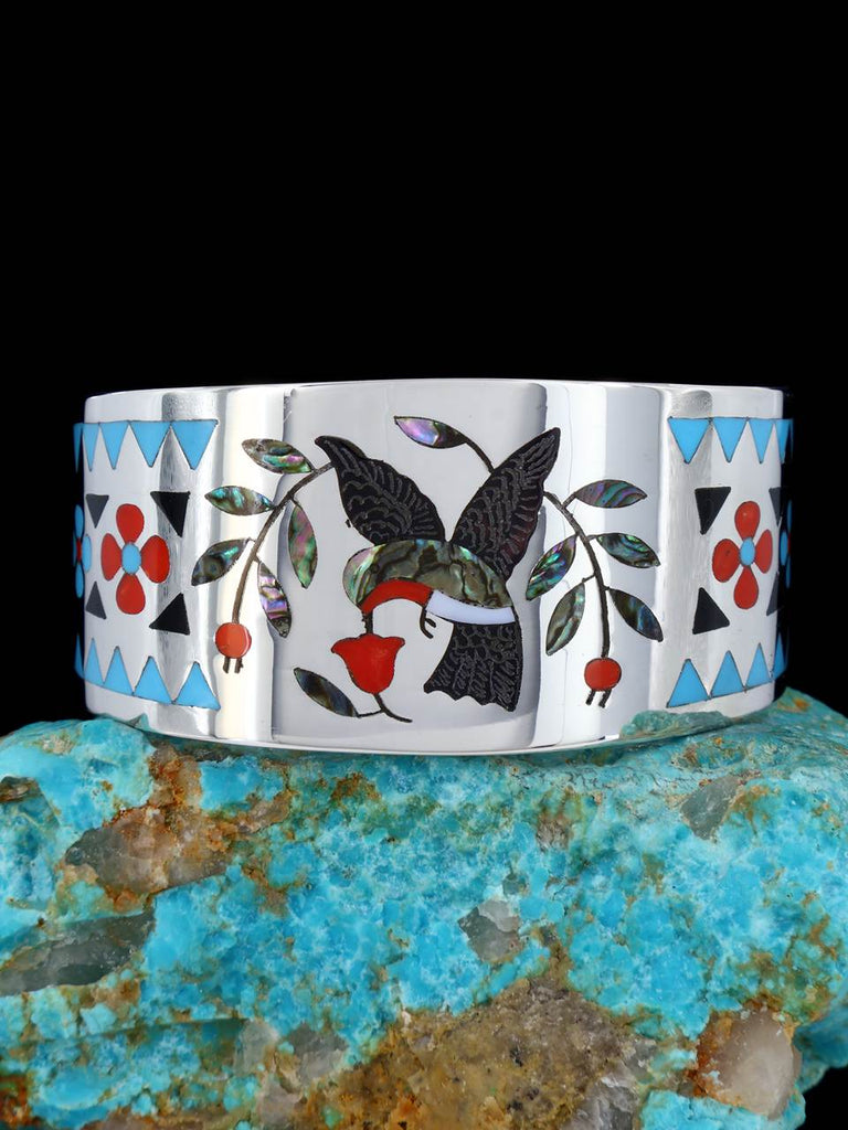 Zuni Hummingbird Inlay Sterling Silver Cuff Bracelet - PuebloDirect.com
