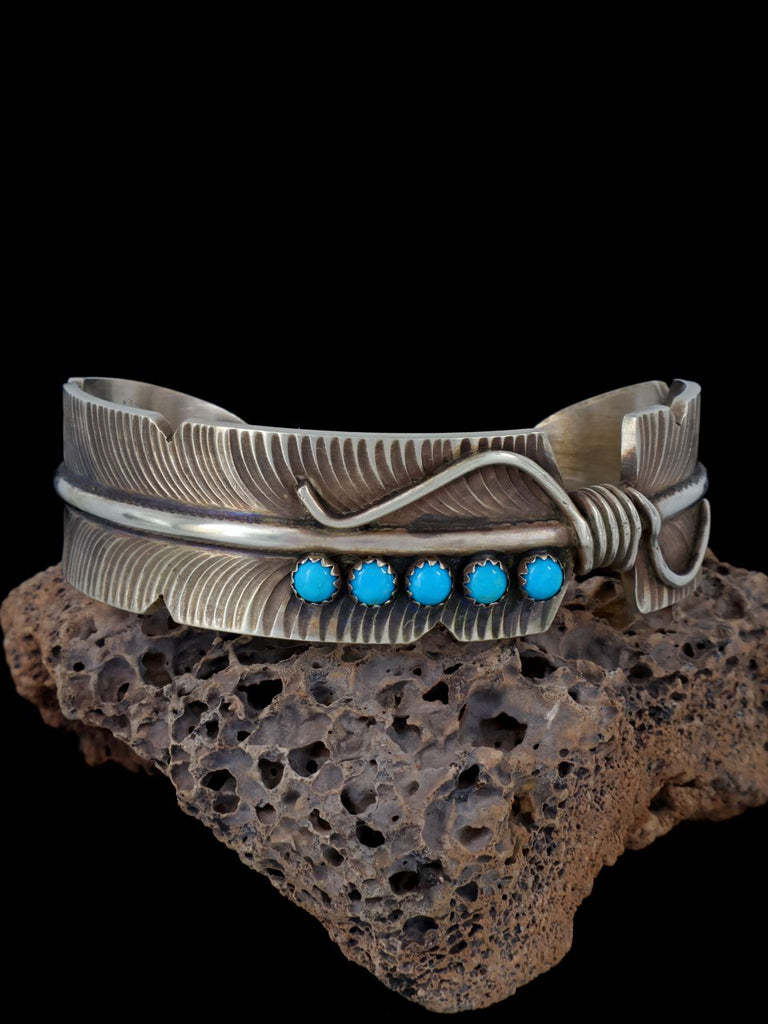 Navajo Sterling Silver Turquoise Feather Cuff Bracelet - PuebloDirect.com