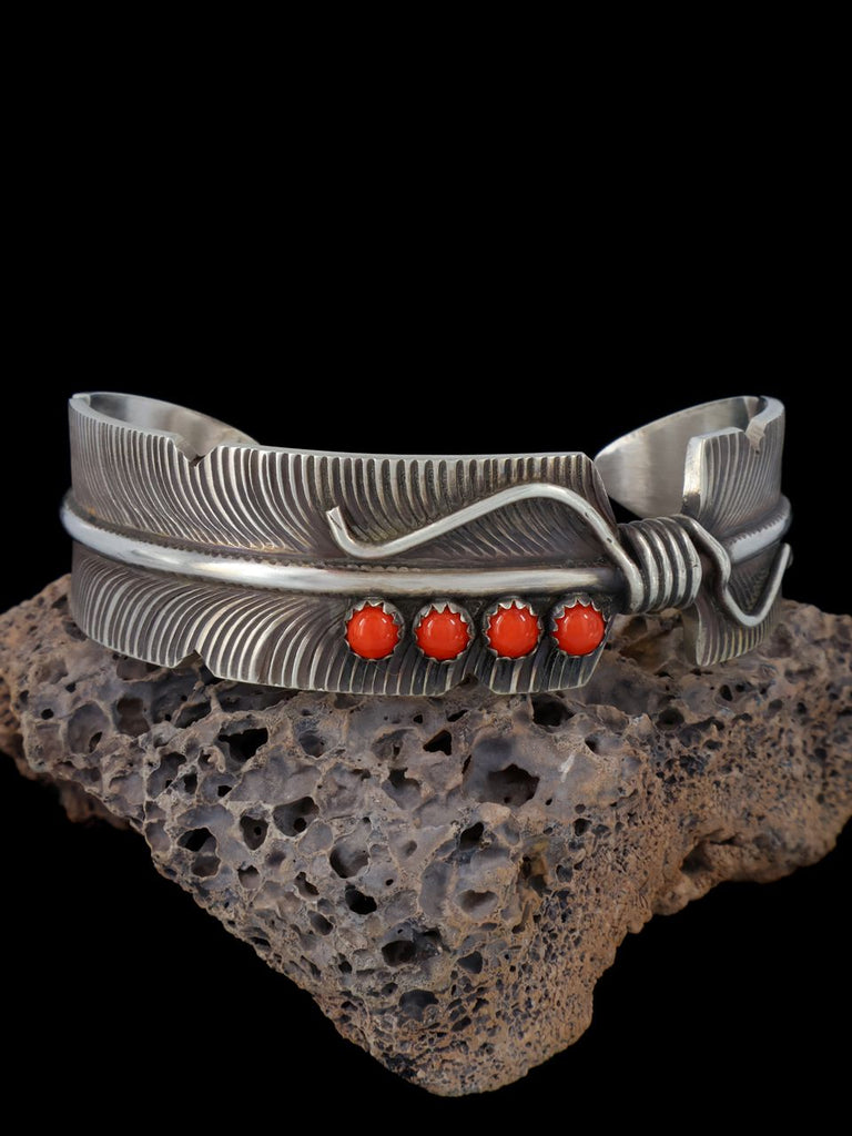 Sterling Silver Coral Feather Cuff Bracelet - PuebloDirect.com