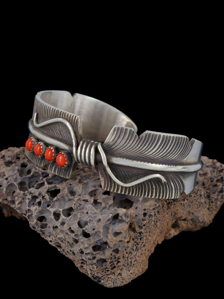 Sterling Silver Coral Feather Cuff Bracelet - PuebloDirect.com
