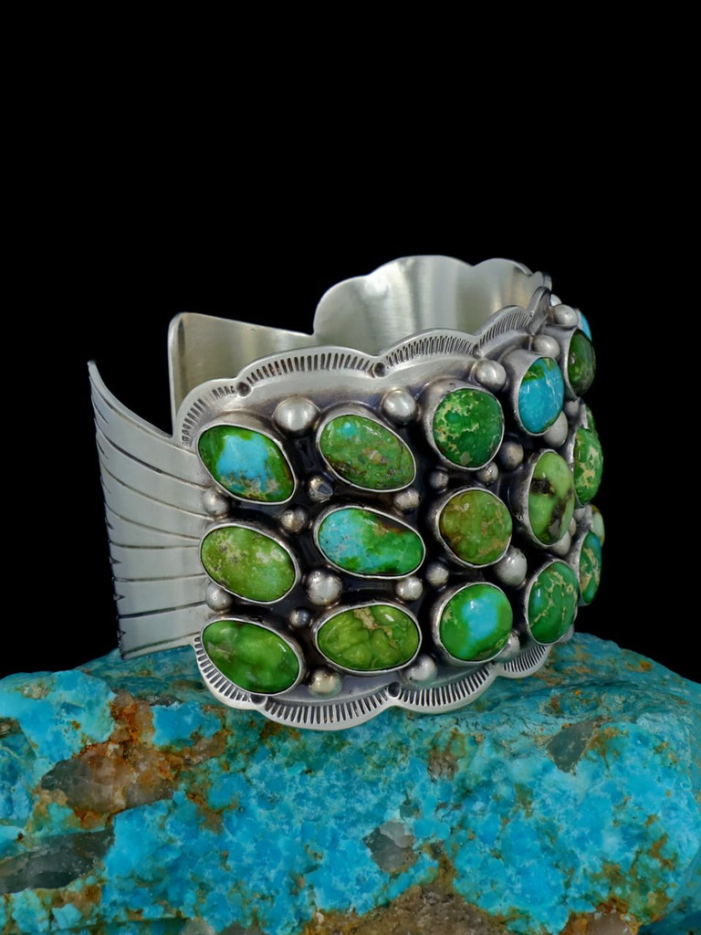 Navajo Sonoran Gold Turquoise Cluster Sterling Silver Cuff Bracelet - PuebloDirect.com