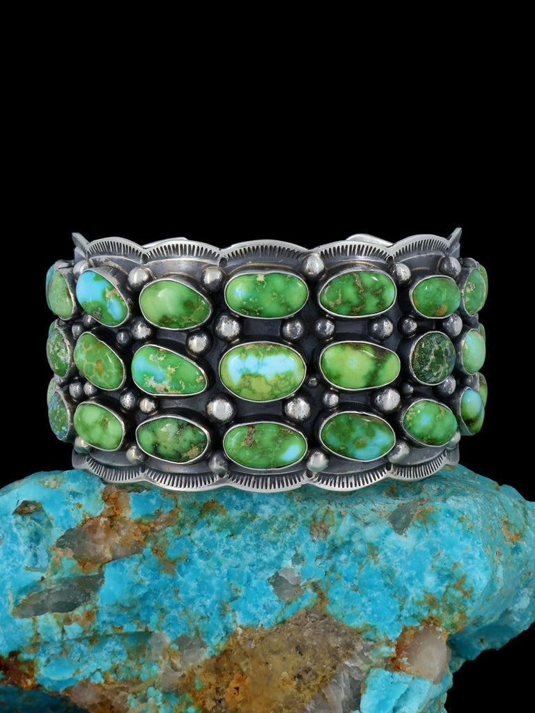 Navajo Sonoran Gold Turquoise Cluster Sterling Silver Cuff Bracelet - PuebloDirect.com