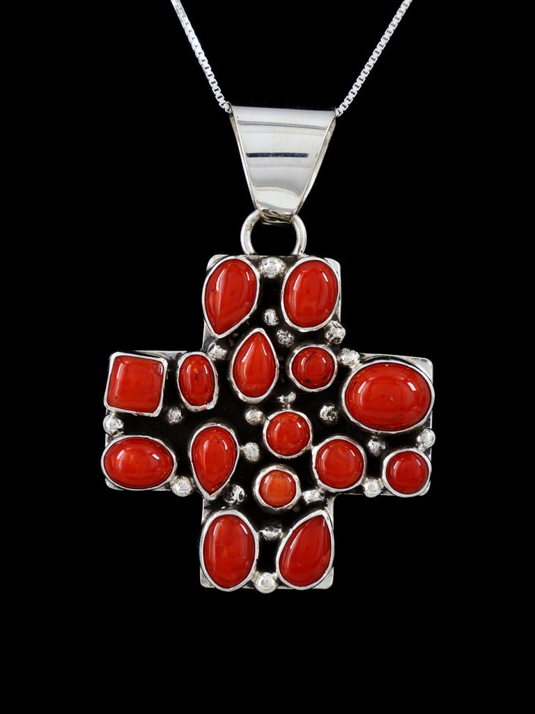 Native American Sterling Silver Natural Red Coral Cross Pendant - PuebloDirect.com