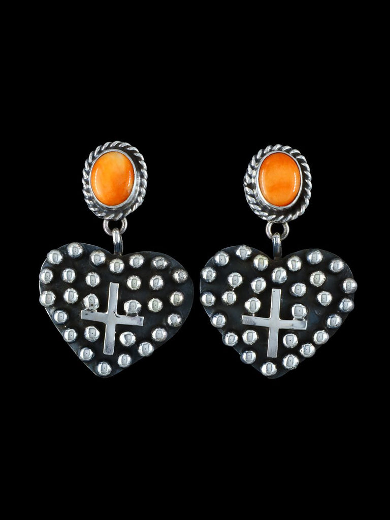 Native American Sterling Silver Spiny Oyster Droplet Post Heart Earrings - PuebloDirect.com