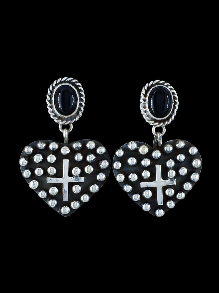 Native American Sterling Silver Black Onyx Droplet Post Heart Earrings - PuebloDirect.com