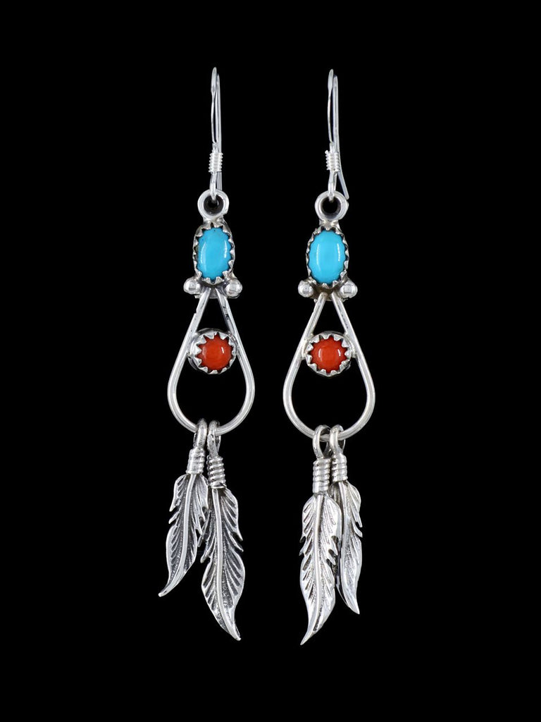 Navajo Turquoise and Coral Double Feather Dangle Earrings - PuebloDirect.com