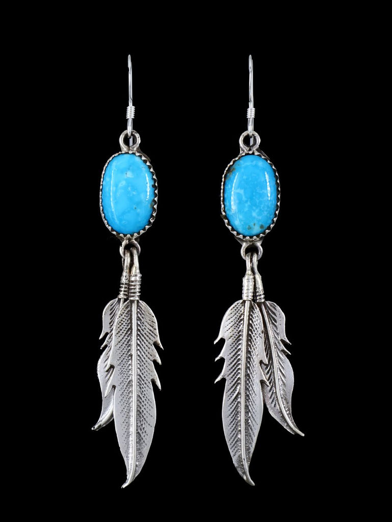 Navajo Turquoise Sterling Silver Feather Dangle Earrings - PuebloDirect.com