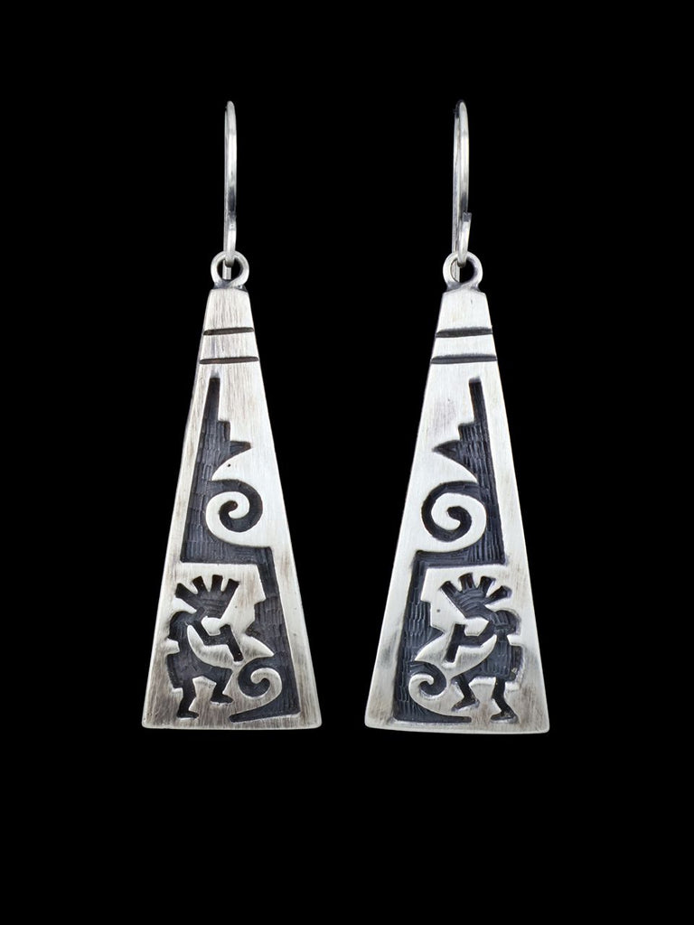 Navajo Sterling Silver Overlay Kokopelli Dangle Earrings - PuebloDirect.com