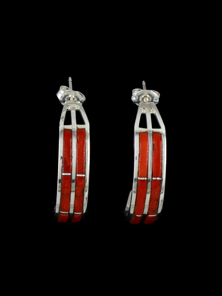 Zuni Inlay Coral Inlay Hoop Earrings - PuebloDirect.com