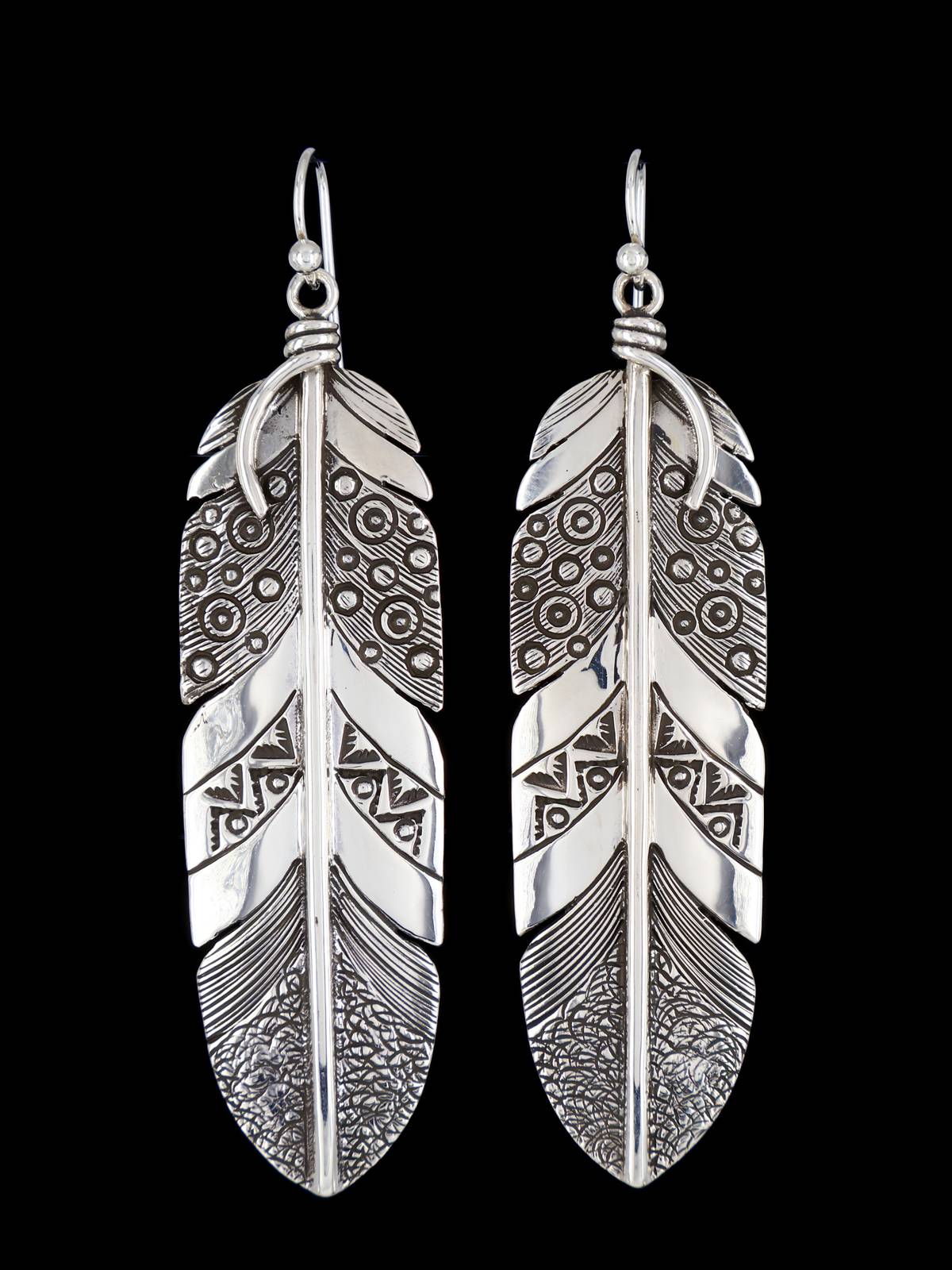Navajo Sterling Silver Dangle Feather Earrings - PuebloDirect.com