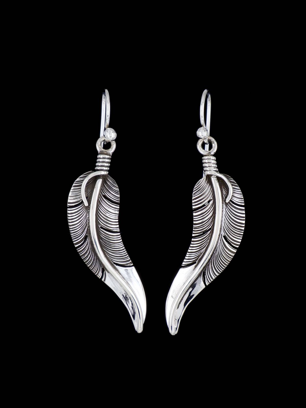 Native American Sterling Silver Dangle Feather Earrings - PuebloDirect.com