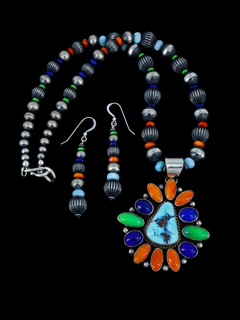 Native American Multistone Sterling Silver Beaded Necklace and Earring Set - PuebloDirect.com