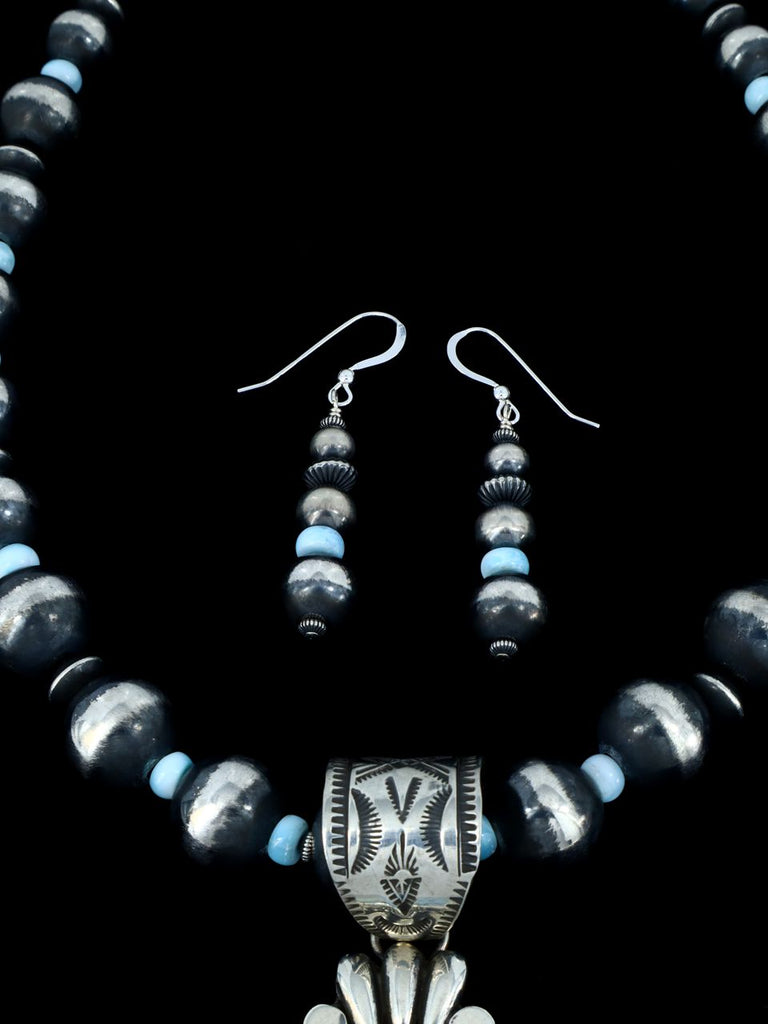 Native American Golden Hill Turquoise Sterling Silver Beaded Necklace and Earring Set - PuebloDirect.com