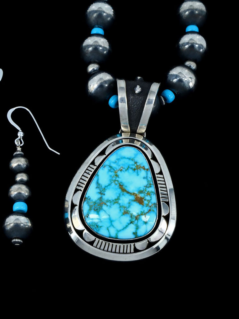Native American Kingman Turquoise Sterling Silver Beaded Necklace and Earring Set - PuebloDirect.com