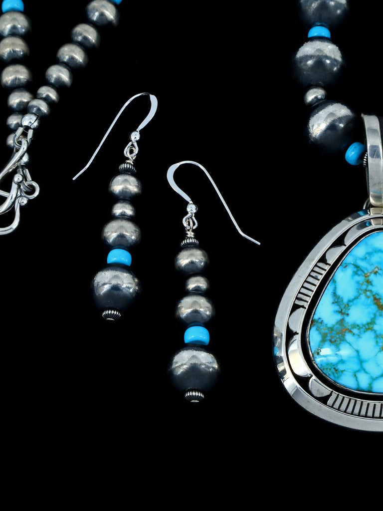 Native American Kingman Turquoise Sterling Silver Beaded Necklace and Earring Set - PuebloDirect.com