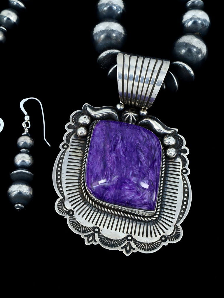 Native American Purple Charoite Sterling Silver Beaded Necklace and Earring Set - PuebloDirect.com