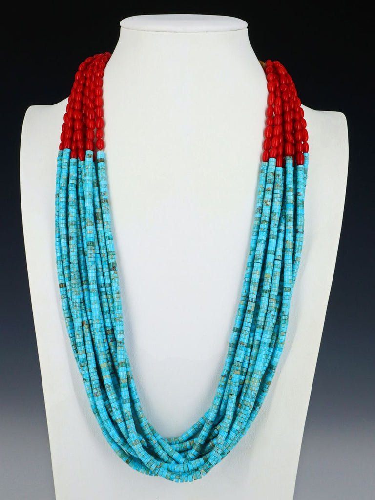 Native American Santo Domingo Coral and Turquoise Necklace - PuebloDirect.com