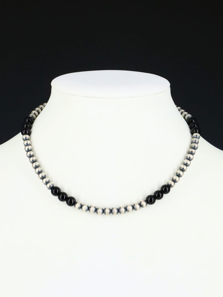 Native American Onyx and Sterling Silver Bead Choker Necklace - PuebloDirect.com