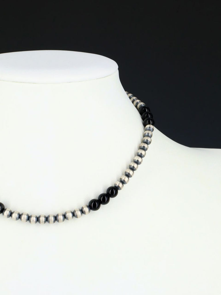 Native American Onyx and Sterling Silver Bead Choker Necklace - PuebloDirect.com