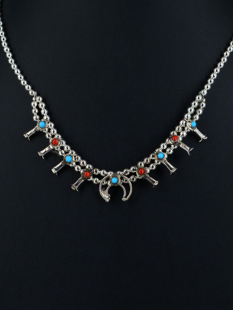 Navajo Jewelry Coral and Turquoise Squash Blossom Choker Necklace - PuebloDirect.com