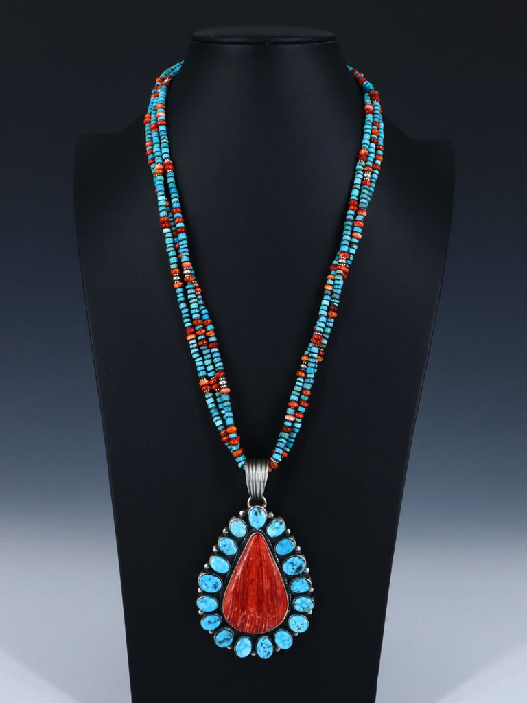 Spiny Oyster and Turquoise Navajo Sterling Silver Pendant With Beads - PuebloDirect.com