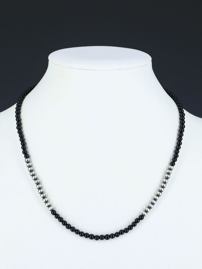 17" Native American Onyx and Sterling Silver Beaded Choker Necklace - PuebloDirect.com