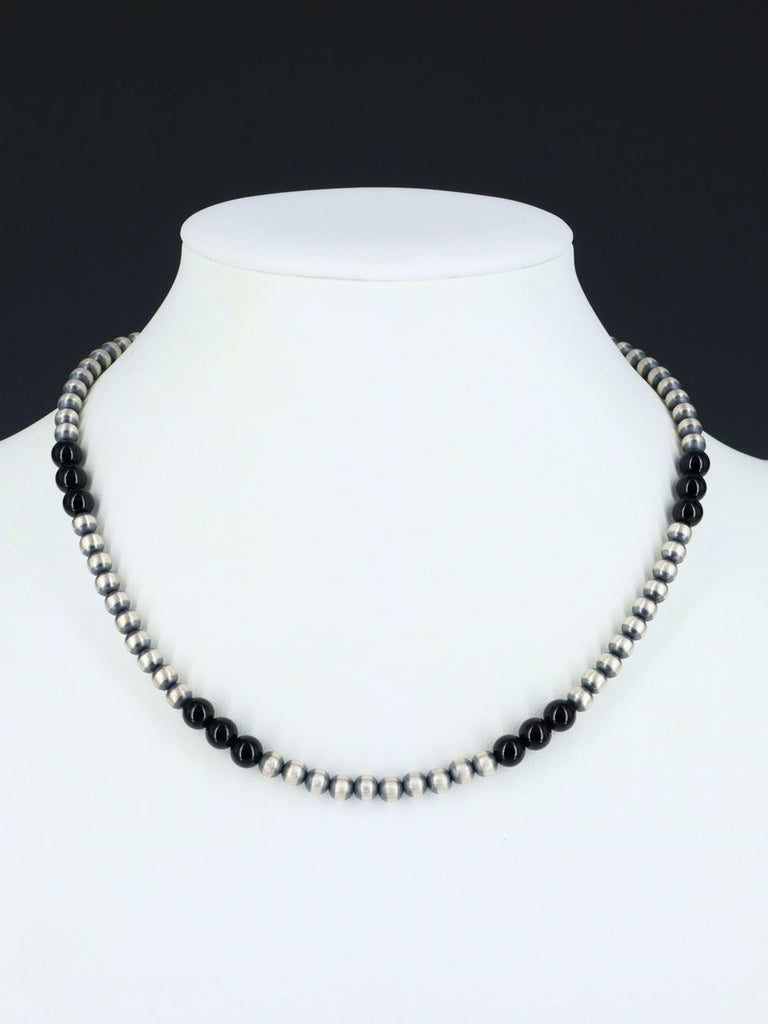 16" Native American Onyx and Sterling Silver Beaded Choker Necklace - PuebloDirect.com