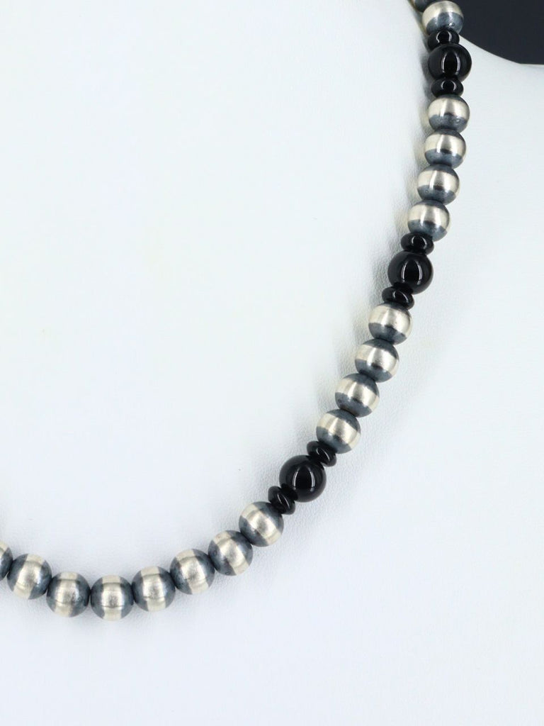 18" Native American Onyx and Sterling Silver Beaded Choker Necklace - PuebloDirect.com