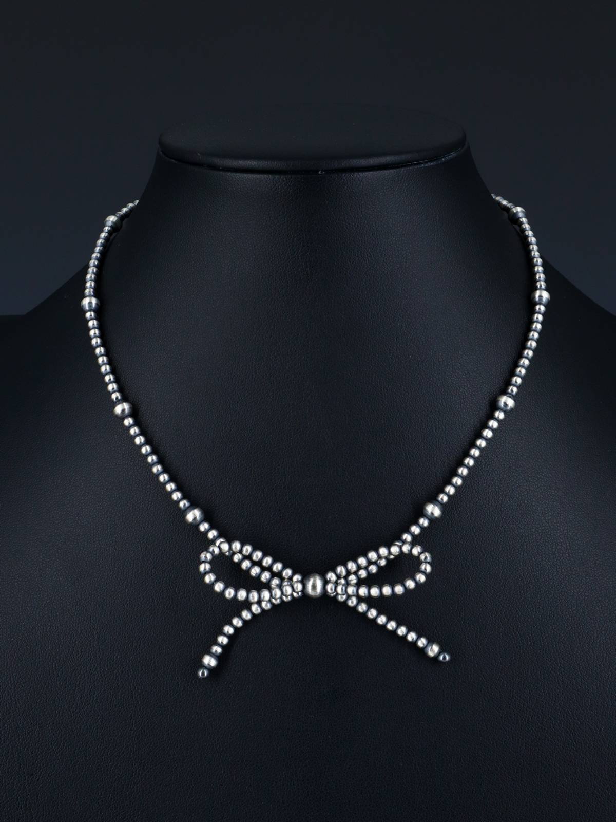 Navajo Jewelry Single Strand Sterling Silver Bow Beaded Necklace - PuebloDirect.com