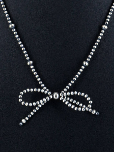 Navajo Jewelry Single Strand Sterling Silver Bow Beaded Necklace - PuebloDirect.com