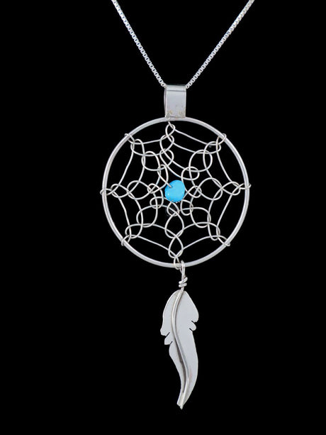 Turquoise Navajo Sterling Silver Dreamcatcher Pendant - PuebloDirect.com