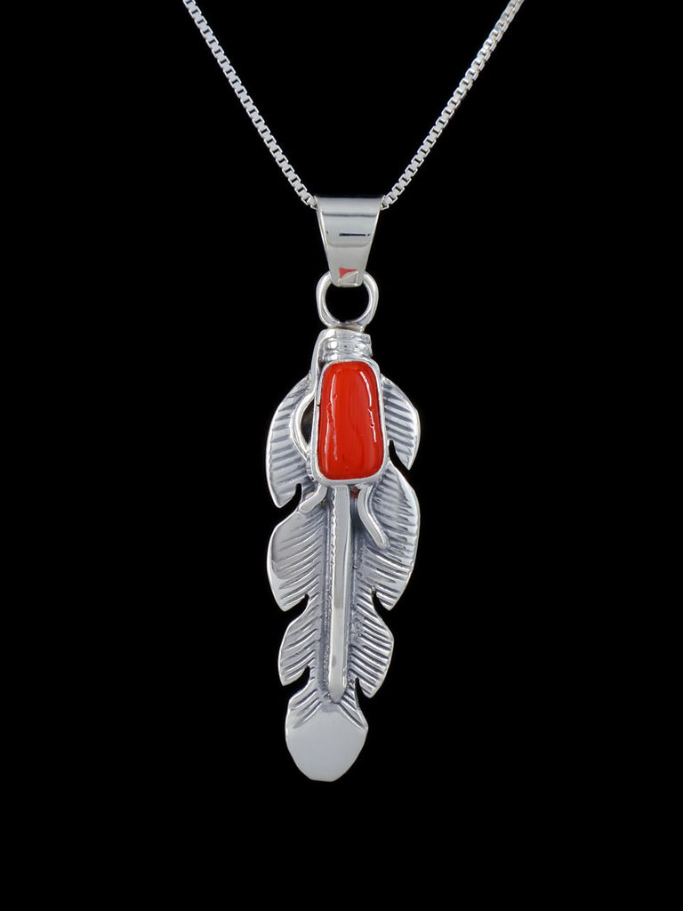 Navajo Crafted Sterling Silver Coral Feather Pendant - PuebloDirect.com
