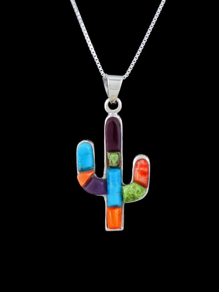 Native American Spiny Oyster and Turquoise Cactus Mosaic Inlay Pendant - PuebloDirect.com