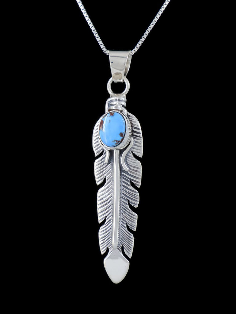 Navajo Crafted Sterling Silver Golden Hill Turquoise Feather Pendant - PuebloDirect.com
