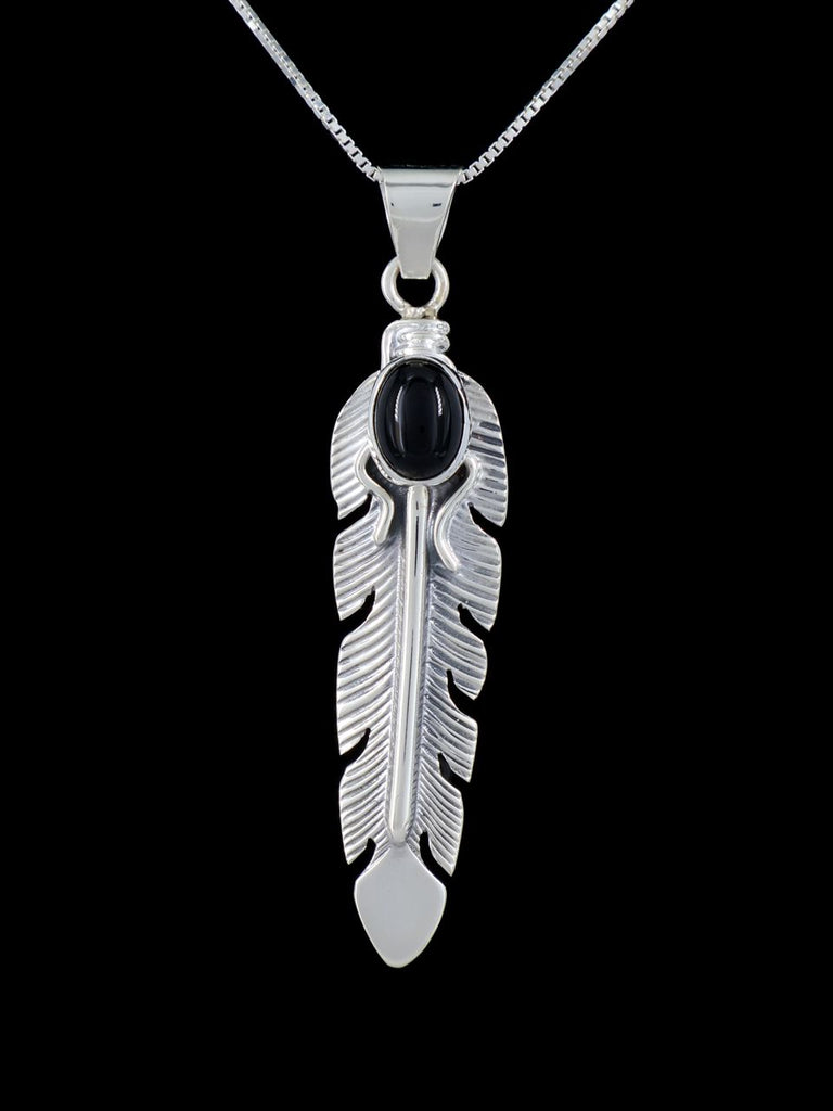 Navajo Crafted Sterling Silver Onyx Feather Pendant - PuebloDirect.com