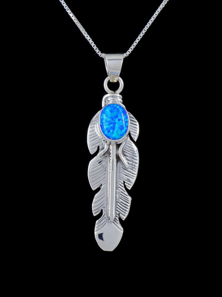 Navajo Crafted Sterling Silver Opalite Feather Pendant - PuebloDirect.com