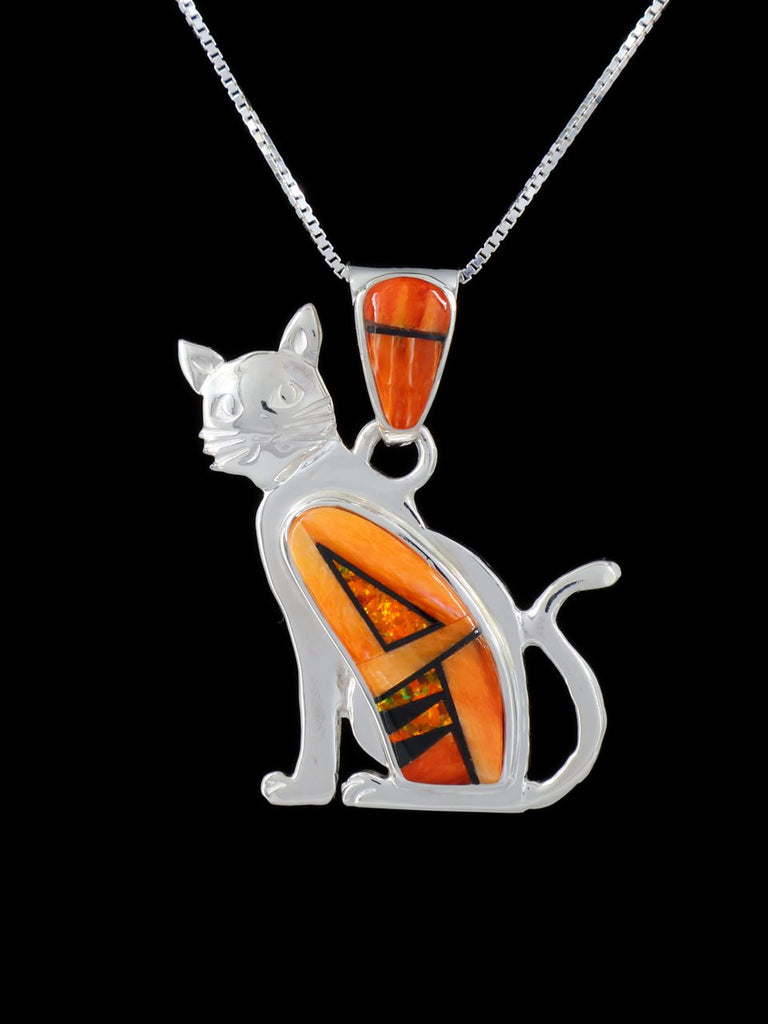 Native American Spiny Oyster and Opalite Inlay Cat Pendant - PuebloDirect.com