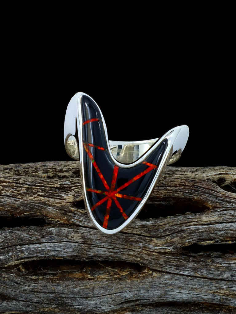 Navajo Black Jade and Red Opalite Inlay Ring, Size 9 - PuebloDirect.com