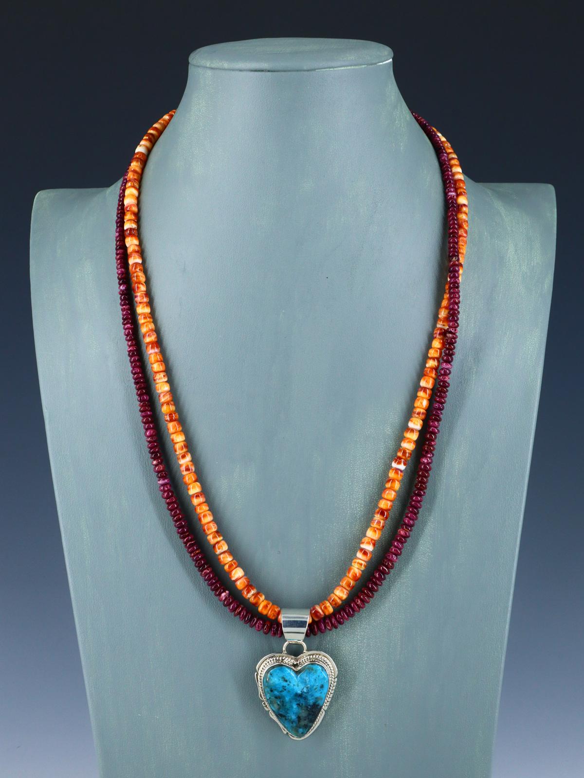 Native American Jewelry Turquoise Heart and Double Strand Spiny Oyster Necklace
