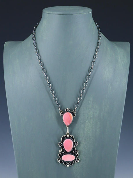Native American Pink Conch Sterling Silver Lariat Necklace