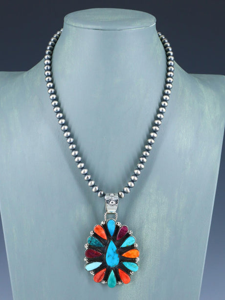 Native American Spiny Oyster and Turquoise Pendant With Beaded Necklace - PuebloDirect.com