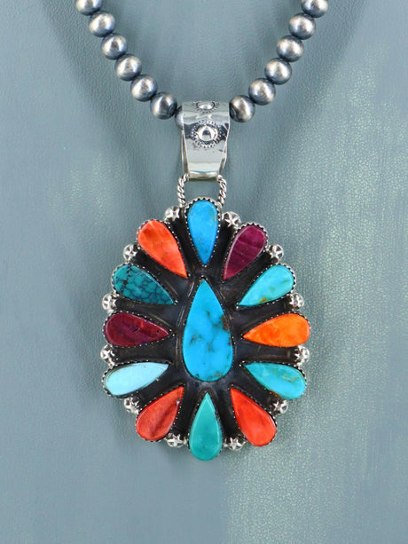 Native American Spiny Oyster and Turquoise Pendant With Beaded Necklace - PuebloDirect.com